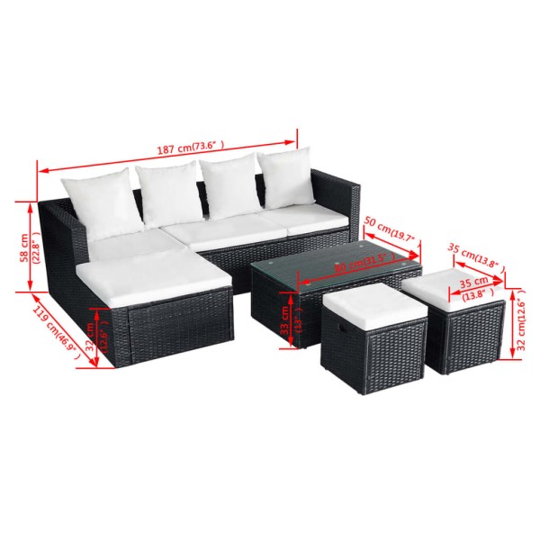 Set muebles de jardín 4 piezas y cojines ratán sintético negro