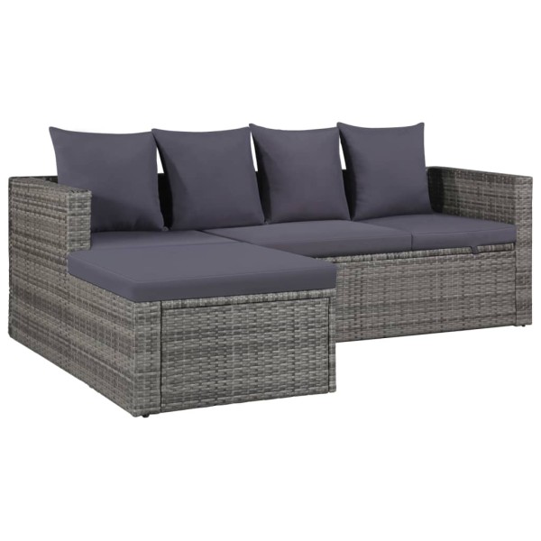 Set de muebles de jardín 4 piezas y cojines ratán PE gris