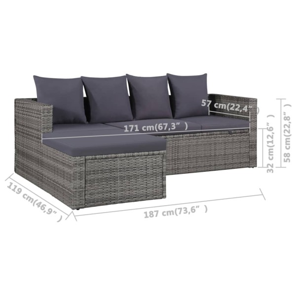 Set de muebles de jardín 4 piezas y cojines ratán PE gris