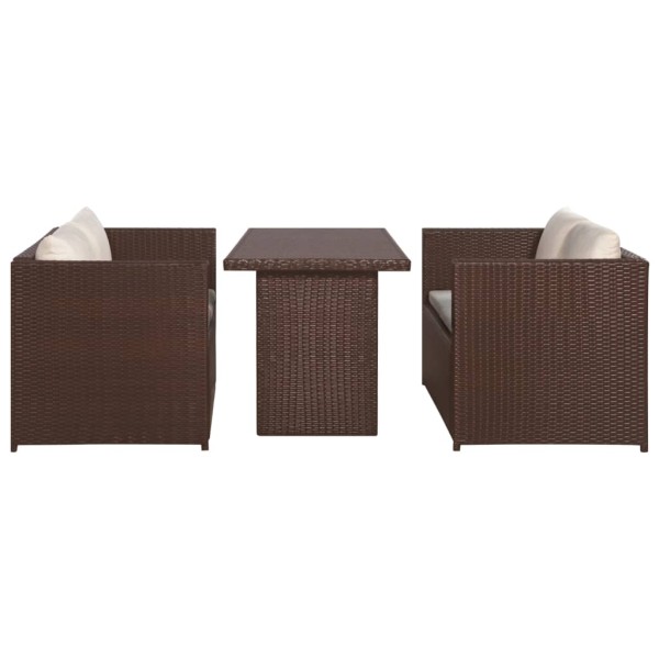 Set muebles de jardín 3 pzas con cojines ratán sintético marrón