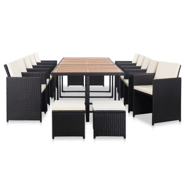 Set comedor de jardín 15 piezas y cojines ratán sintético negro