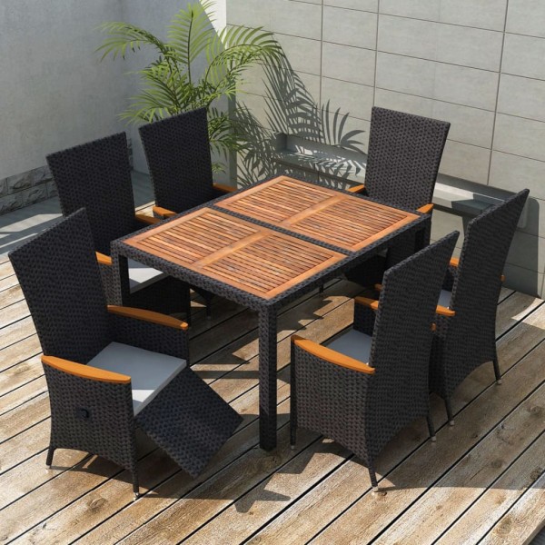 Set comedor de jardín 7 piezas ratán sintético y madera negro