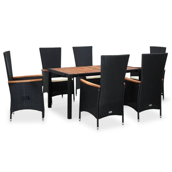 Set comedor de jardín 7 piezas ratán sintético y madera negro