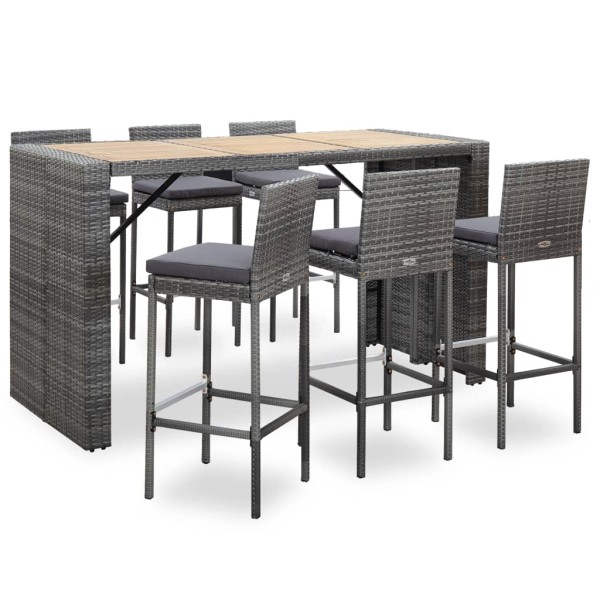 Set muebles bar jardín 7 piezas y cojines ratán sintético gris