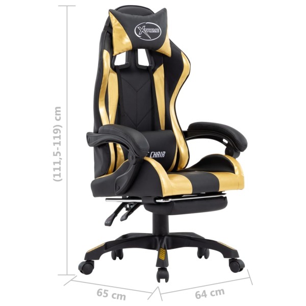 Silla gaming con reposapiés cuero sintético negro y dorado