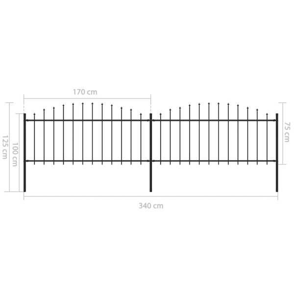 Valla de jardín con puntas de lanza acero negro (0,5-0,75)x3,4m