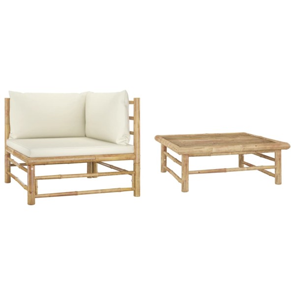 Set de muebles de jardín 2 piezas bambú y cojines blanco crema