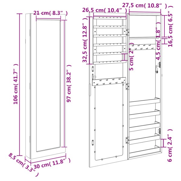 Espejo con joyero de pared 30x8,5x106 cm