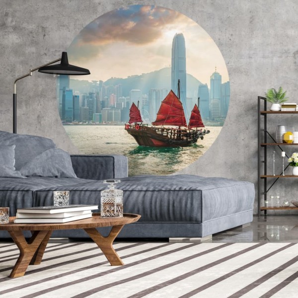 WallArt Círculo de papel pintado Skyline with Junk Boat 142,5 cm