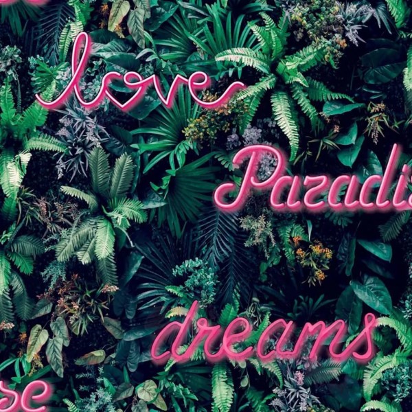 Good Vibes Papel de pared Neon Letter with Plants verde y rosa