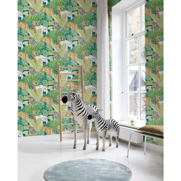 Good Vibes Papel de pared Jungle Animals verde y negro