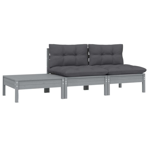 Juego muebles de jardín 3 pzas cojines gris madera pino maciza