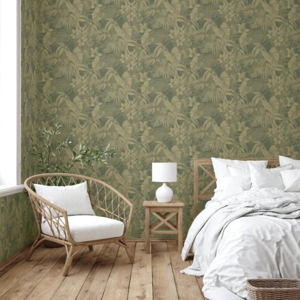 DUTCH WALLCOVERINGS Papel pintado Joelle verde y dorado