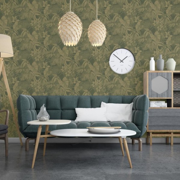 DUTCH WALLCOVERINGS Papel pintado Joelle verde y dorado