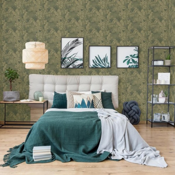 DUTCH WALLCOVERINGS Papel pintado Joelle verde y dorado