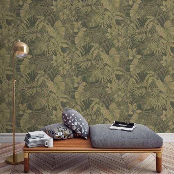 DUTCH WALLCOVERINGS Papel pintado Joelle verde y dorado