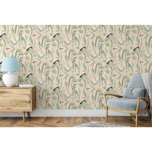 DUTCH WALLCOVERINGS Papel pintado Flamingo color crema y menta