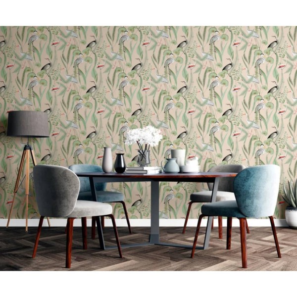 DUTCH WALLCOVERINGS Papel pintado Flamingo color crema y menta