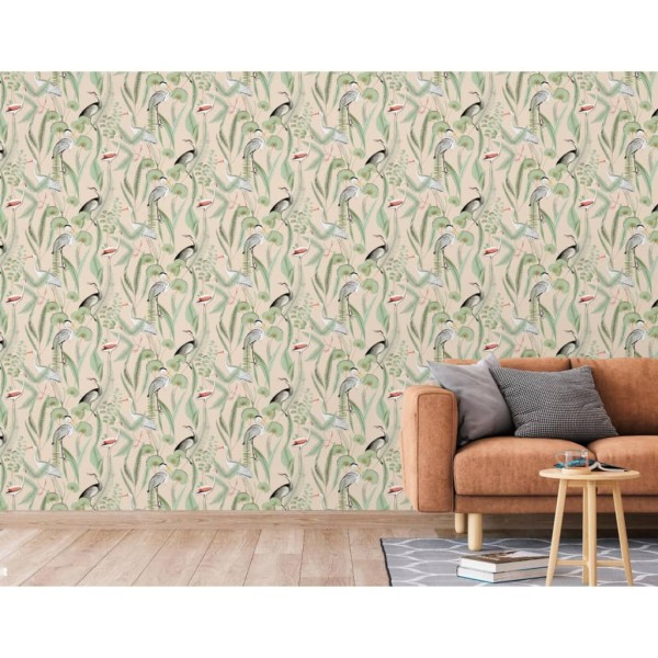 DUTCH WALLCOVERINGS Papel pintado Flamingo color crema y menta