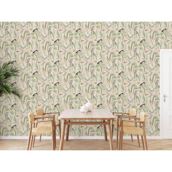 DUTCH WALLCOVERINGS Papel pintado Flamingo color crema y menta