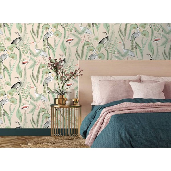 DUTCH WALLCOVERINGS Papel pintado Flamingo color crema y menta