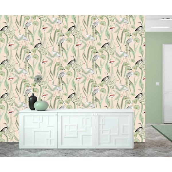 DUTCH WALLCOVERINGS Papel pintado Flamingo color crema y menta