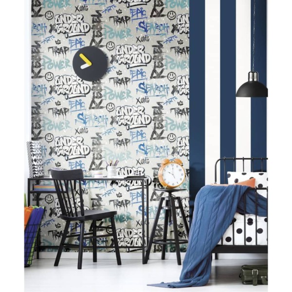 Noordwand Papel pintado Friends&Coffee Graffity Print gris y azul