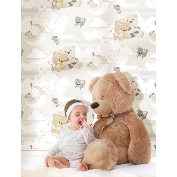 Noordwand Papel pintado Mondo baby Hug Bears gris y beige