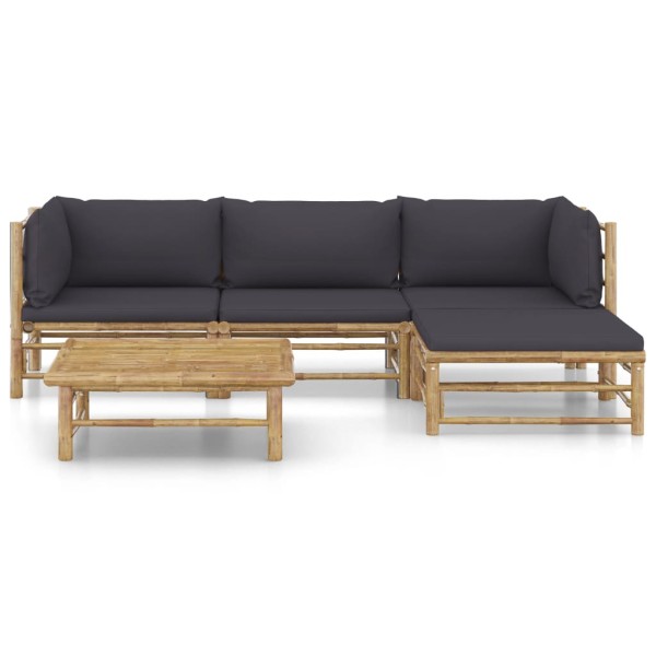 Set de muebles de jardín 5 piezas bambú con cojines gris oscuro