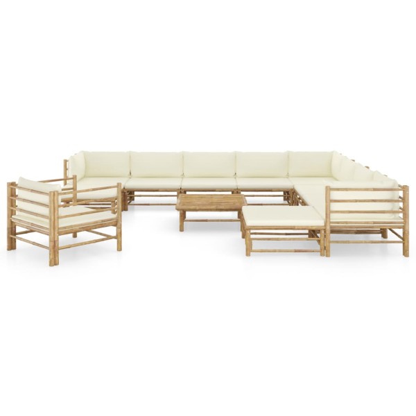 Set de muebles de jardín 12 piezas bambú y cojines blanco crema