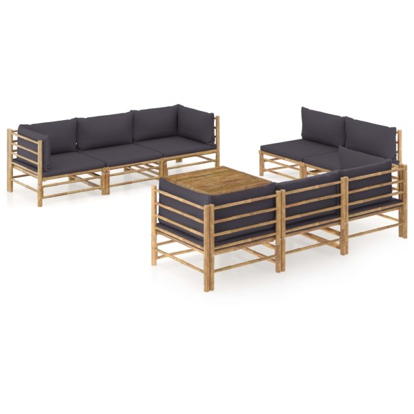 Set de muebles de jardín 9 piezas bambú y cojines gris oscuro