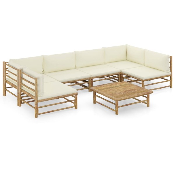 Set de muebles de jardín 7 piezas bambú y cojines blanco crema