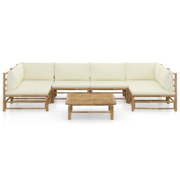 Set de muebles de jardín 7 piezas bambú y cojines blanco crema