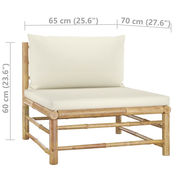 Set de muebles de jardín 7 piezas bambú y cojines blanco crema