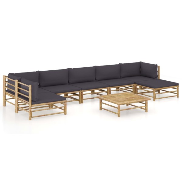 Set de muebles de jardín 8 piezas bambú con cojines gris oscuro