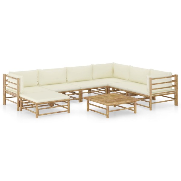 Set de muebles de jardín 8 piezas bambú y cojines blanco crema