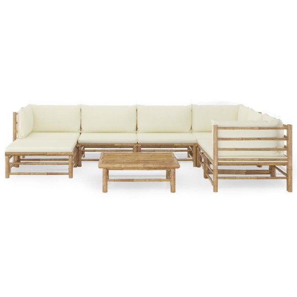 Set de muebles de jardín 8 piezas bambú y cojines blanco crema