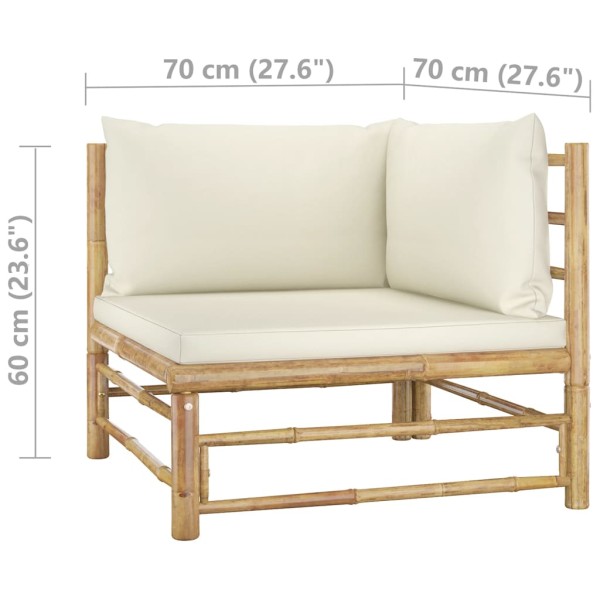 Set de muebles de jardín 8 piezas bambú y cojines blanco crema