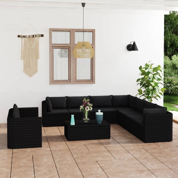 Set de muebles de jardín 11 pzas cojines ratán sintético negro