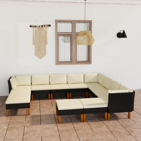 Set de muebles de jardín 12 pzas y cojines ratán sintético negro