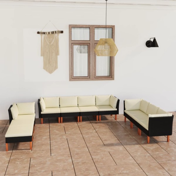 Set de muebles de jardín 10 pzas cojines ratán sintético negro