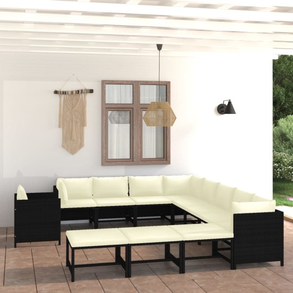 Set de muebles de jardín 12 pzas cojines ratán sintético negro