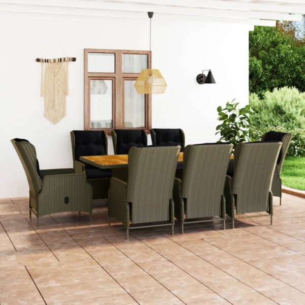 Set de comedor jardín 9 piezas cojines ratán sintético marrón