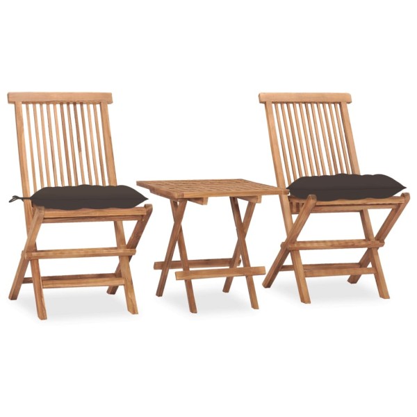 Set comedor de jardín plegable 3 piezas madera de teca cojines