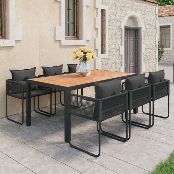 Set de comedor de jardín de 7 piezas PVC ratán negro y marrón