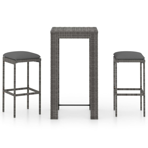 Set muebles bar jardín 3 piezas y cojines ratán sintético gris