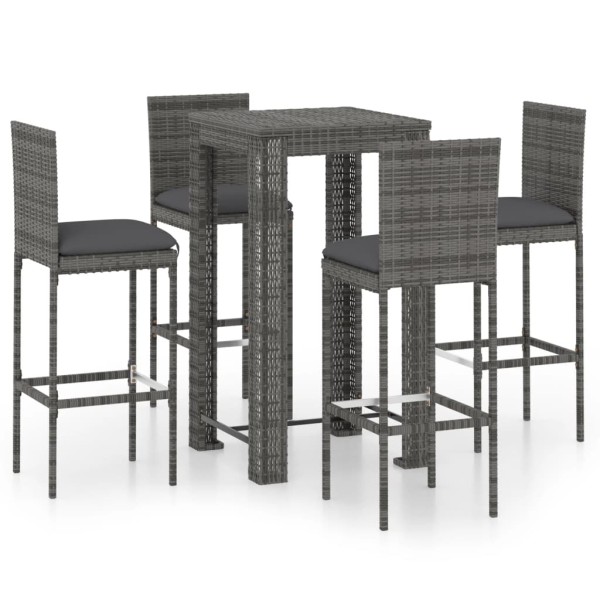 Set muebles bar jardín 5 piezas y cojines ratán sintético gris