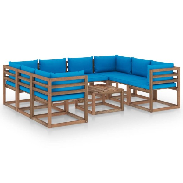 Set de muebles de jardín 9 piezas con cojines azul claro