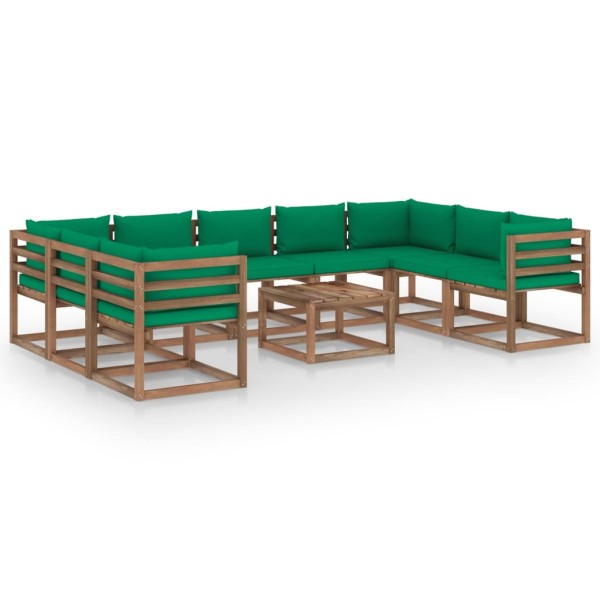 Juego de muebles de jardín 10 piezas con cojines verdes