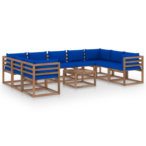 Juego de muebles de jardín 10 piezas con cojines azules